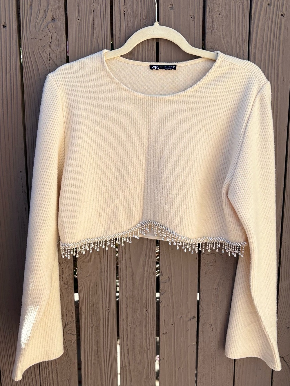 Zara Cream Cropped Sweater with Beaded Fringe Hem